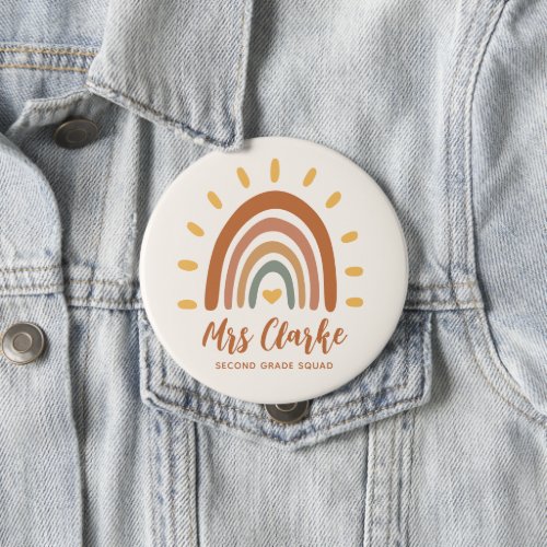 Custom Teacher Name Grade Boho Rainbow Sun Button