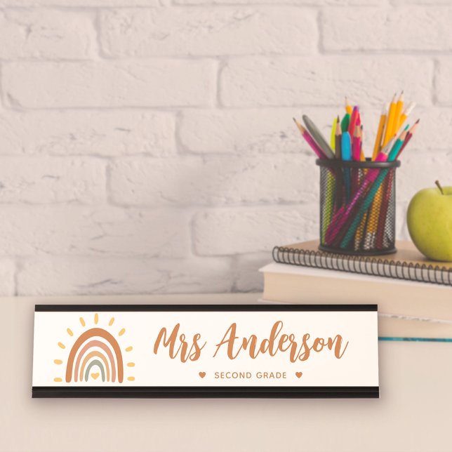 Custom Teacher Name Grade Boho Rainbow Sun Desk Name Plate (Creator Uploaded)