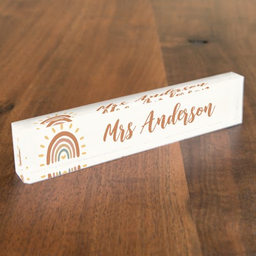 Custom Teacher Name Grade Boho Rainbow Sun Desk Name Plate