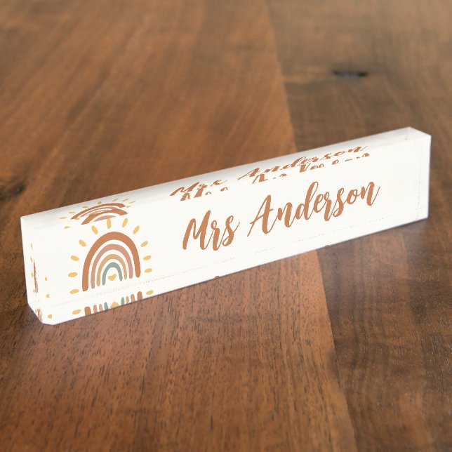Custom Teacher Name Grade Boho Rainbow Sun Desk Name Plate (Side)