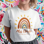 Custom Teacher Name Grade Boho Rainbow Sun T-Shirt<br><div class="desc">The Custom Name Boho Earth Tone Rainbow Sun T-shirt is a unique and stylish piece of clothing that combines bohemian and earthy elements with a vibrant rainbow sun. In addition to the striking graphic, the T-shirt can also be customized with your teacher name, as well as the grade or any...</div>