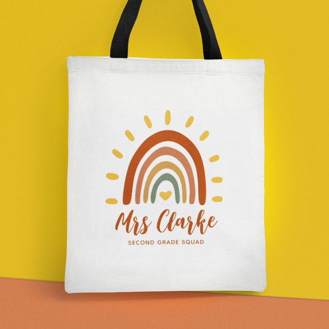 Custom Teacher Name Grade Boho Rainbow Sun Tote Bag (Creator Uploaded)