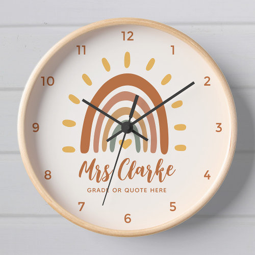 Custom Teacher Name Quote Boho Rainbow Sun Clock