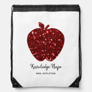 Custom Teacher Name Red Apple Faux Glitter  Drawstring Bag