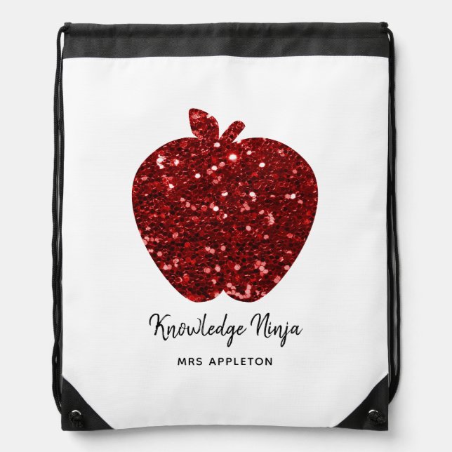 Custom Teacher Name Red Apple Faux Glitter  Drawstring Bag (Front)