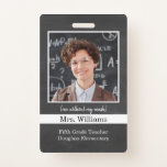 Custom Teacher Photo ID Badge for school classroom<br><div class="desc">A friendly teacher photo ID badge for classroom use, so students can see their awesome teacher smiling without a mask on. Custom text templates for teacher name, grade, school, also includes personalized photo template so you can easily add your own photo. The back has space for an address, phone number,...</div>