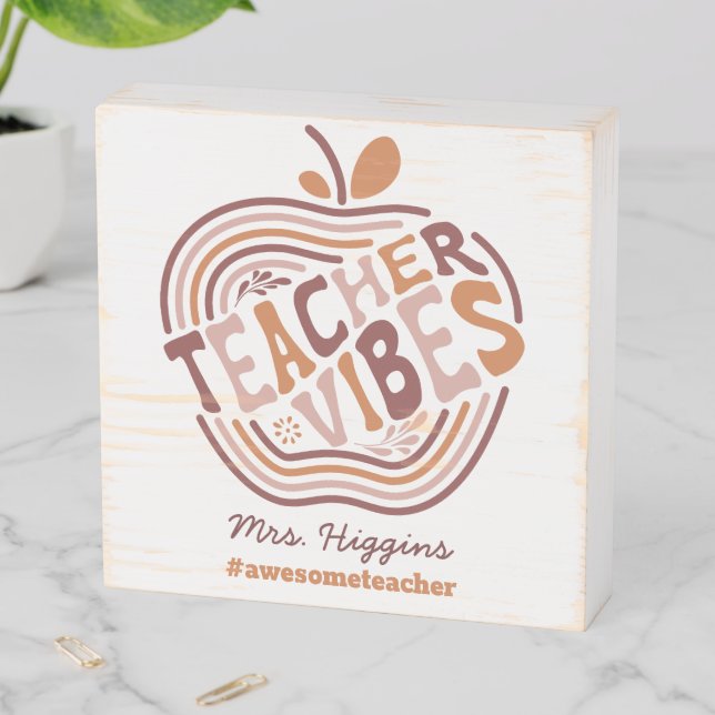 Custom Teacher Vibes Boho Apple Awesome Teacher Wooden Box Sign (In Situ Horizontal)