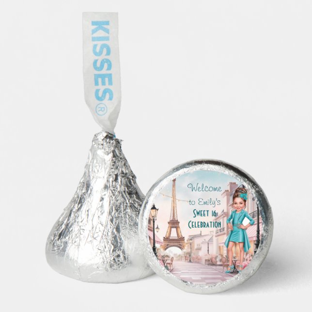 Custom Teal and Roses Sweet 16 in Paris Hershey®'s Kisses® (Front)