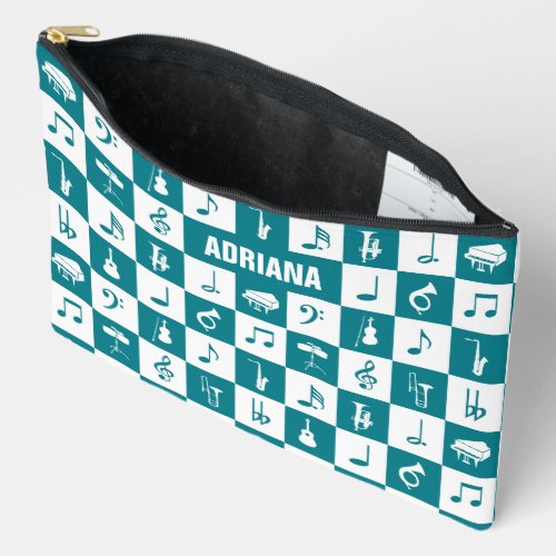 Custom teal and white music notes and instruments accessory pouch