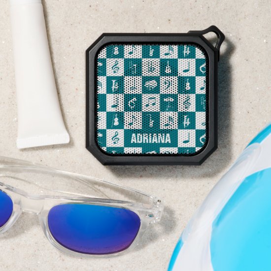 Custom teal and white music notes and instruments bluetooth speaker