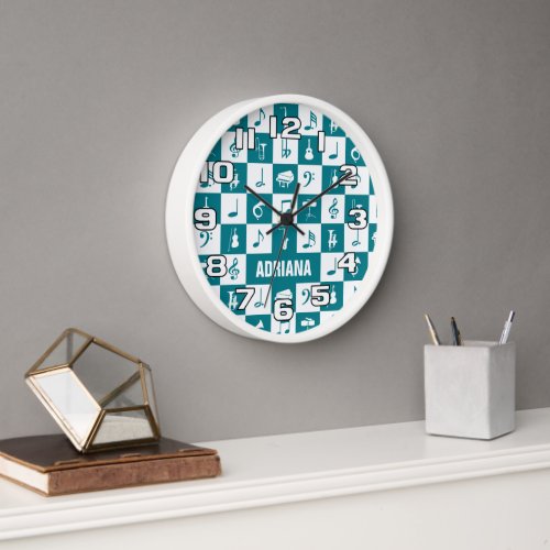 Custom teal and white music notes and instruments clock
