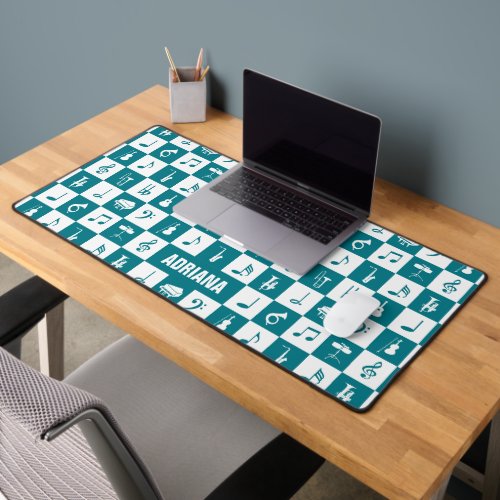 Custom teal and white music notes and instruments desk mat