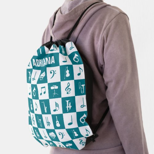 Custom teal and white music notes and instruments drawstring bag