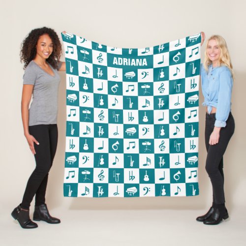 Custom teal and white music notes and instruments fleece blanket