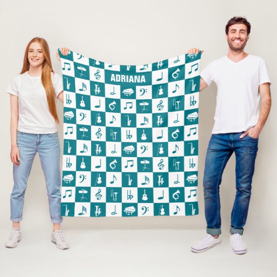 Custom teal and white music notes and instruments fleece blanket