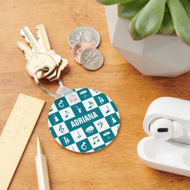 Custom teal and white music notes and instruments keychain (Desk)