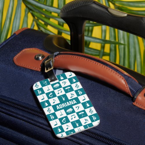 Custom teal and white music notes and instruments luggage tag