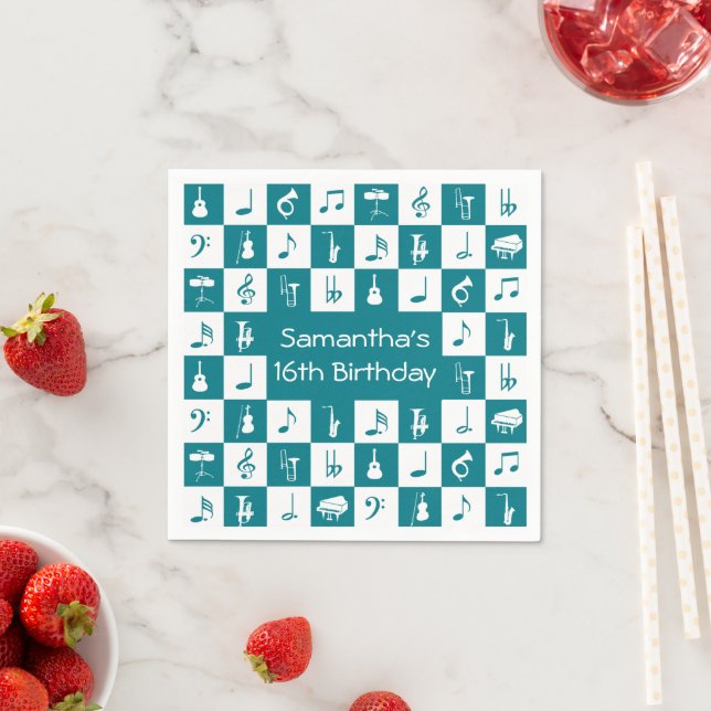 Custom teal and white music notes and instruments napkins (Insitu)