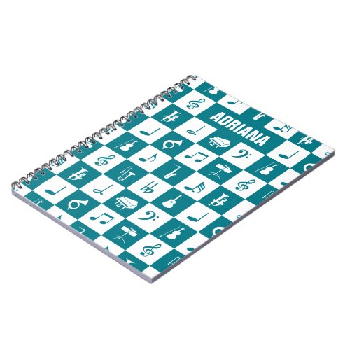 Custom teal and white music notes and instruments notebook