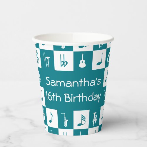 Custom teal and white music notes and instruments paper cups