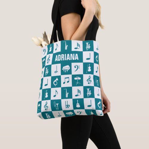 Custom teal and white music notes and instruments tote bag