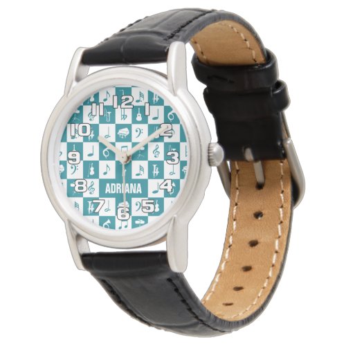 Custom teal and white music notes and instruments watch