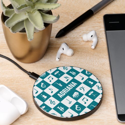 Custom teal and white music notes and instruments wireless charger 