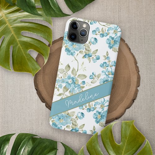 Custom Teal Aqua Blue Sage Green Flowers Art iPhone 15 Pro Max Case