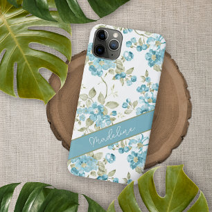 Custom Teal Aqua Blue Sage Green Flowers Pattern iPhone 15 Pro Max Case