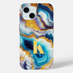 Custom Teal Aqua Golden Agate Monogram iPhone 15 Case