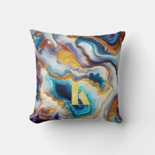 Custom Teal Aqua Golden Agate Monogram Throw Pillow