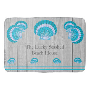 Custom Teal Aqua Seashell White Shell Coastal Gray Bath Mat