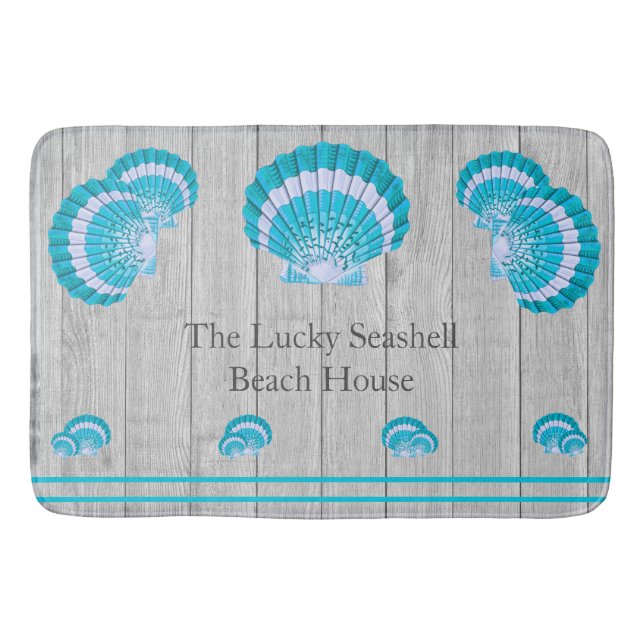 Custom Teal Aqua Seashell White Shell Coastal Gray Bath Mat (Front)