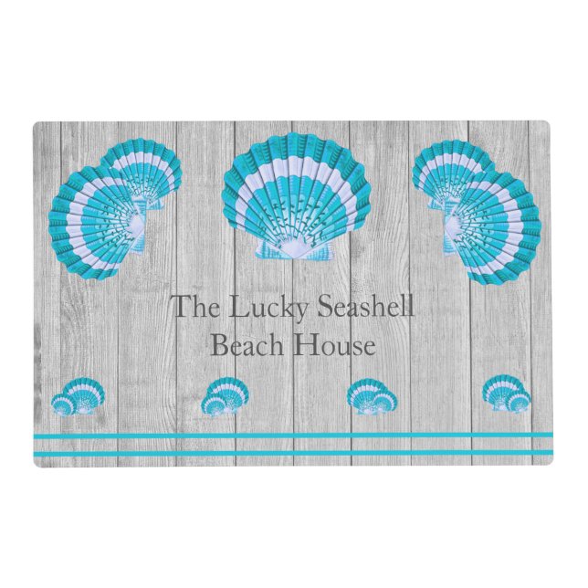 Custom Teal Aqua Seashell White Shell Coastal Gray Placemat (Front)