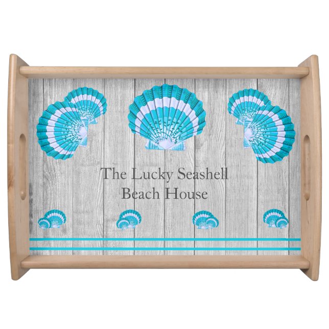 Custom Teal Aqua Seashell White Shell Coastal Gray Serving Tray (Front)