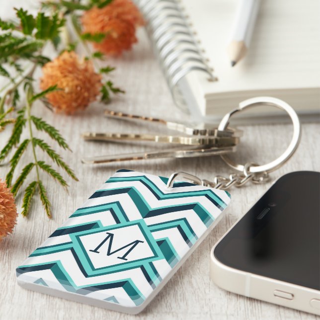 Custom Teal Blue Aqua Turquoise Green Zigzag Art Keychain (Front Right)