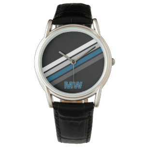 Custom Teal Blue Black Gray White Stripes Pattern Watch