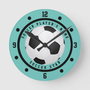 Custom Teal Blue Boy's Soccer Star Player Round Clock