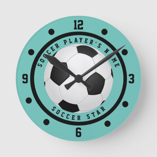 Custom Teal Blue Boys Soccer Star Player  Round Clock
