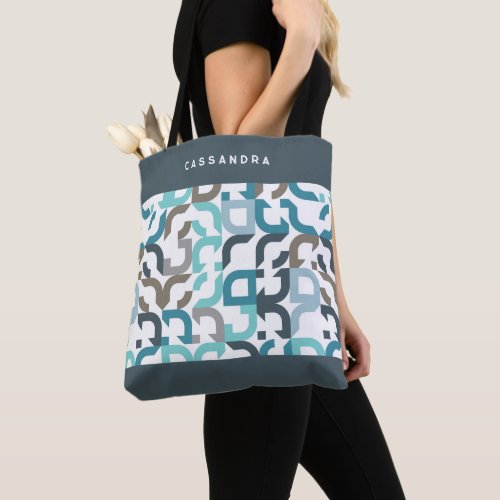 Custom Teal Blue Brown Gray Retro Art Pattern Tote Bag