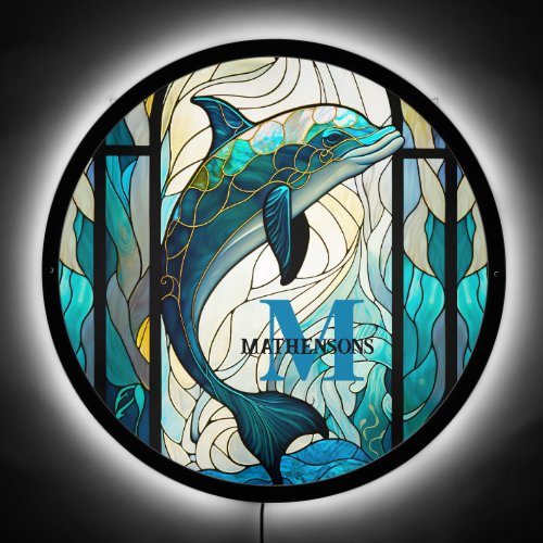 Custom Teal Blue Dolphin Stained Glass Wall light LED Sign