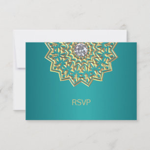 Custom Teal Blue Gold Indian Mandala RSVP Wedding Card