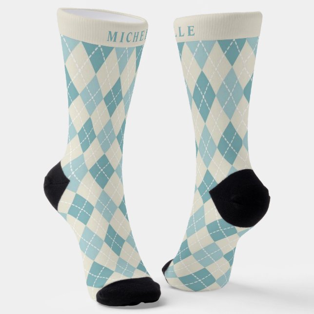 Custom Teal Blue Green Grey Argyle Pattern Socks (Angled)