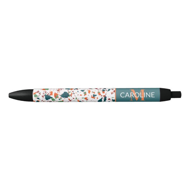 Custom Teal Blue Green Orange Terrazzo Art Motif Pen (Front)