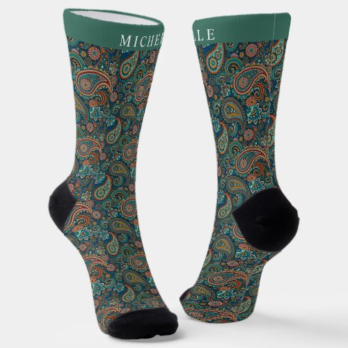 Custom Teal Blue Green Paisley Pattern Socks