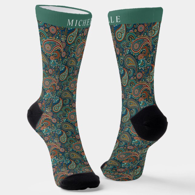 Custom Teal Blue Green Paisley Pattern Socks (Angled)