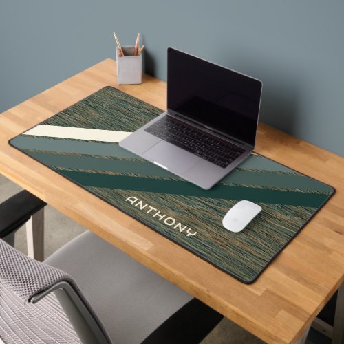 Custom Teal Blue Green Stripes Art On Faux Wood Desk Mat