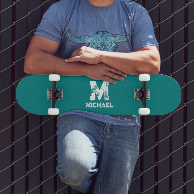Custom Teal Blue Green Template Monogram Name Skateboard (Outdoor 3)