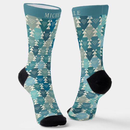 Custom Teal Blue Green Triangle Geometric Pattern  Socks