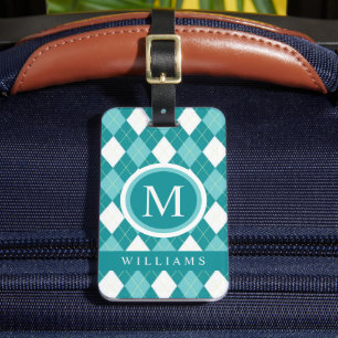 Custom Teal Blue Green White Argyle Pattern Luggage Tag